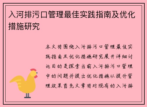 入河排污口管理最佳实践指南及优化措施研究